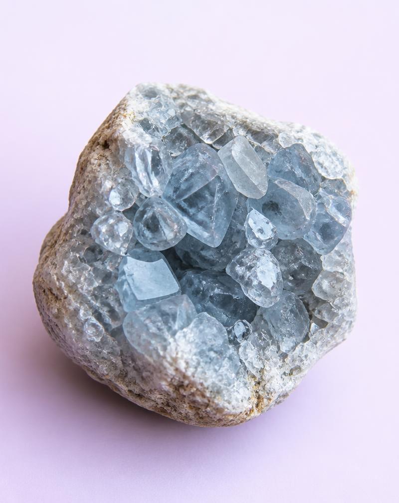 Pale blue celestite crystal cluster
